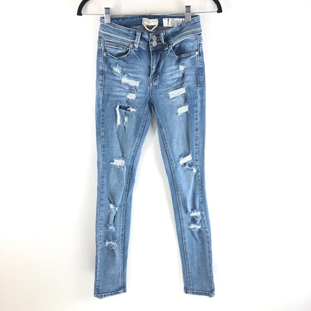 Indigo Rein Womens Jeans Skinny Distressed Ankle Medium Wash 1